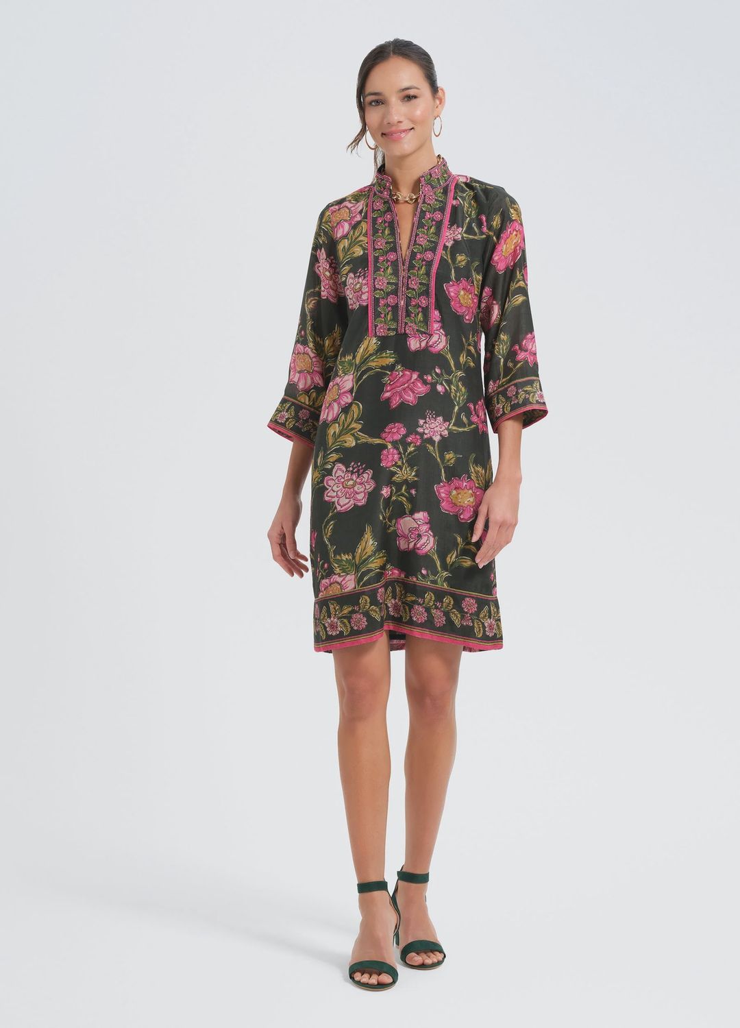 The Bennet 3/4 Sleeve Floral Print Tunic Short Dress - Lila Pink