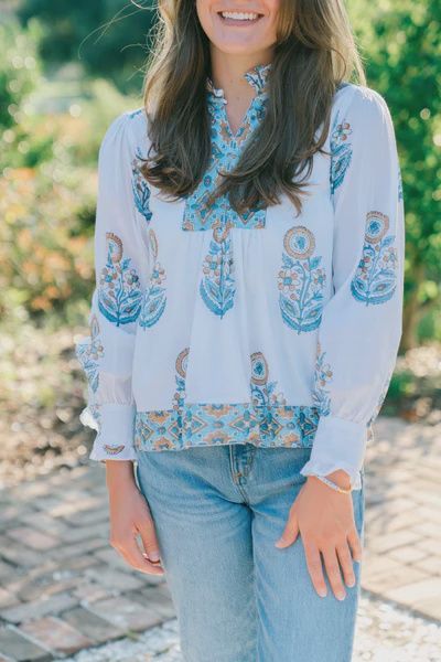 Claire Long Sleeve Hand Block Print Blouse - Java