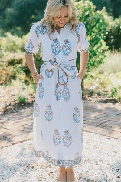 The Eden Puff Sleeve Hand Block Print Collared Shirt Dress with Belt - Goden Dawn