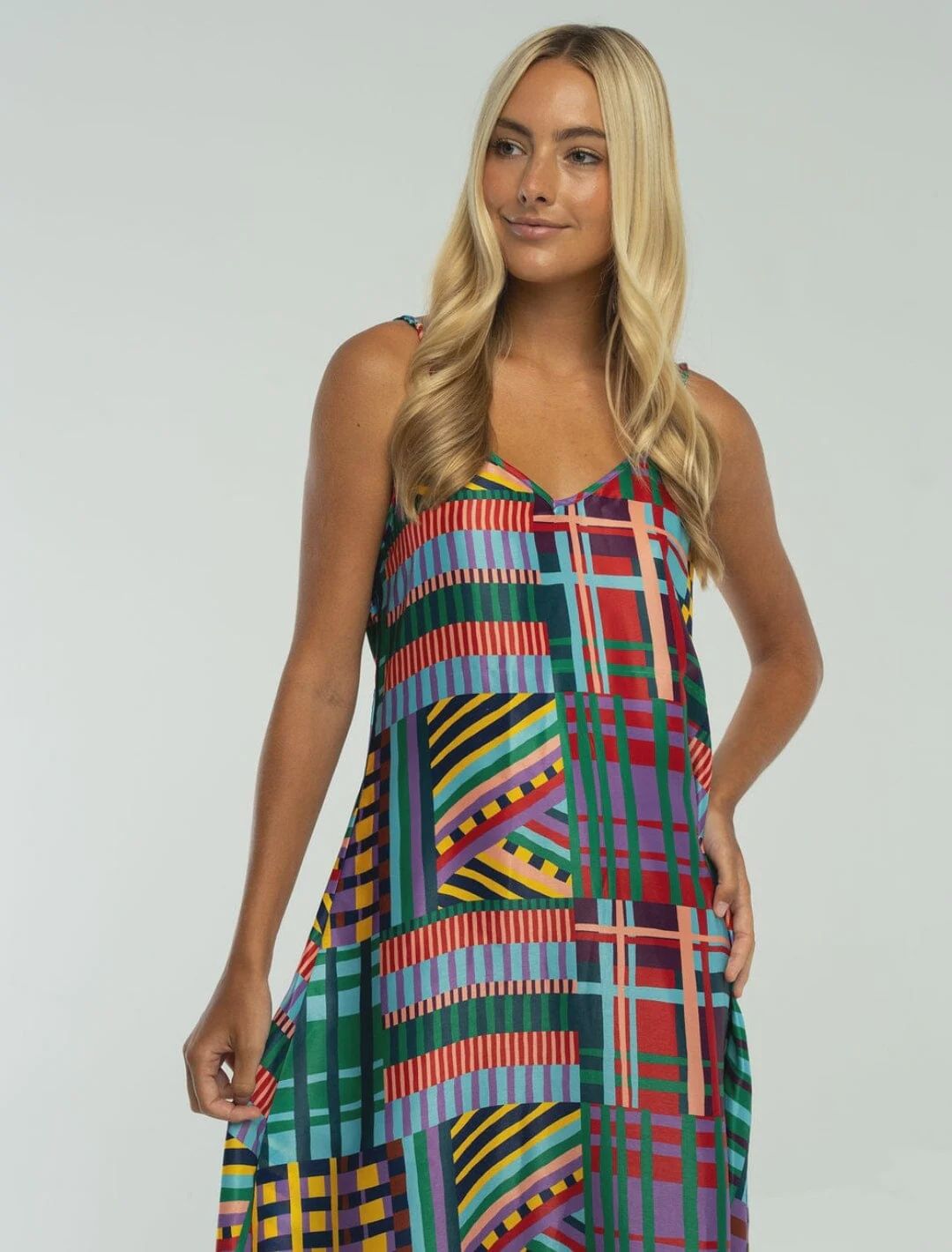 Spaghetti Strap Geo Print Satin Slip Dress - Green Multi