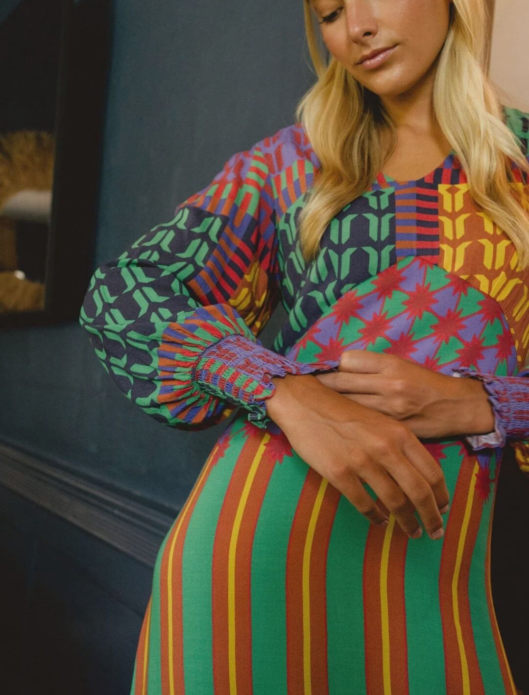 The Layla Long Sleeve Geo Print Empire Waist Dress - Multi