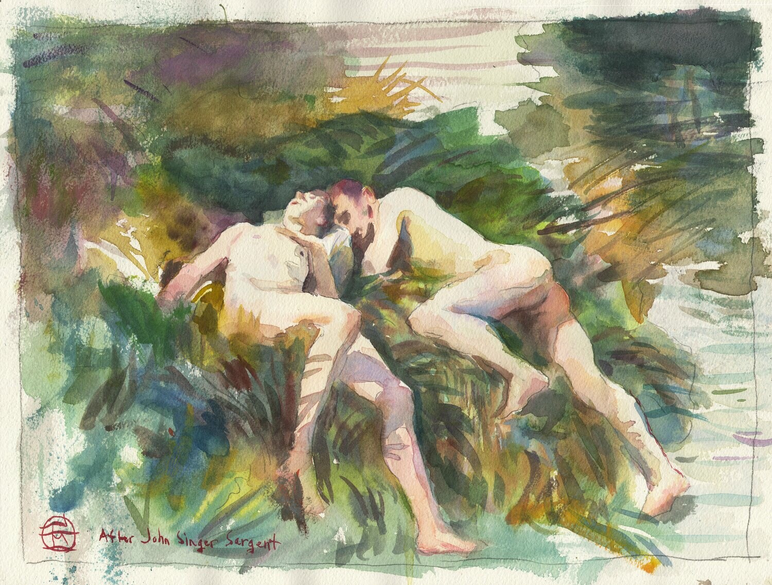 "Bathers" (After John Singer Sargent) Original Watercolor