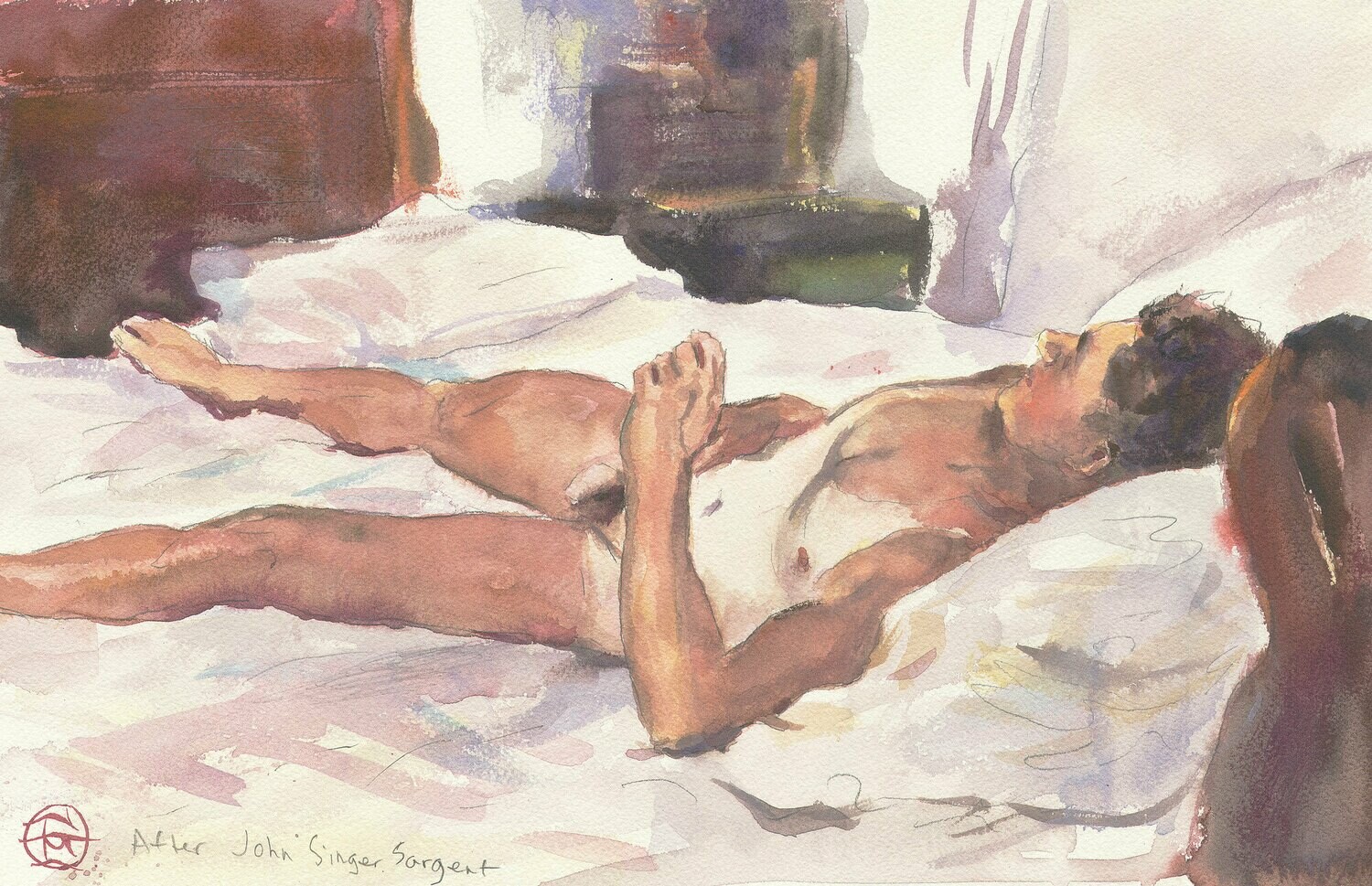 "Reclining Nude" (After John Singer Sargent) Original Watercolor