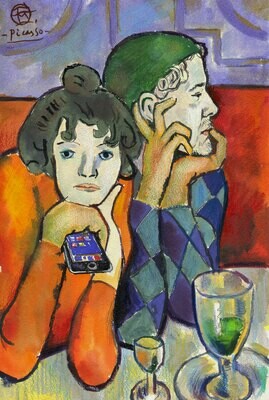 "Self-portrait à la Picasso #5: Arlequin et son compagnon" Original Mixed-Media Work