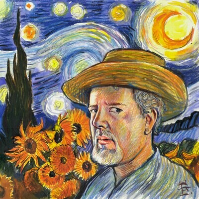 "Self-Portrait à la Vincent: A Skeptic on a Starry Night" Original Mixed-Media Work