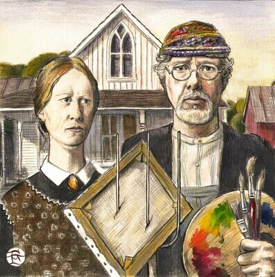 "Self-Portrait à la Grant Wood: An American Painter" Original Mixed-Media Work
