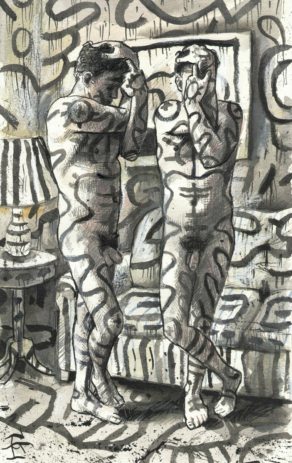 "Self-Portrait à la Leibovitz and Haring: The Long Night" Original Mixed-Media Work