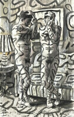 "Self-Portrait à la Leibovitz and Haring: The Long Night" Original Mixed-Media Work