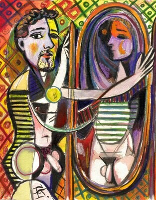 "Self-Portrait à la Picasso #8: The Man in the Mirror" Original Mixed-Media Work