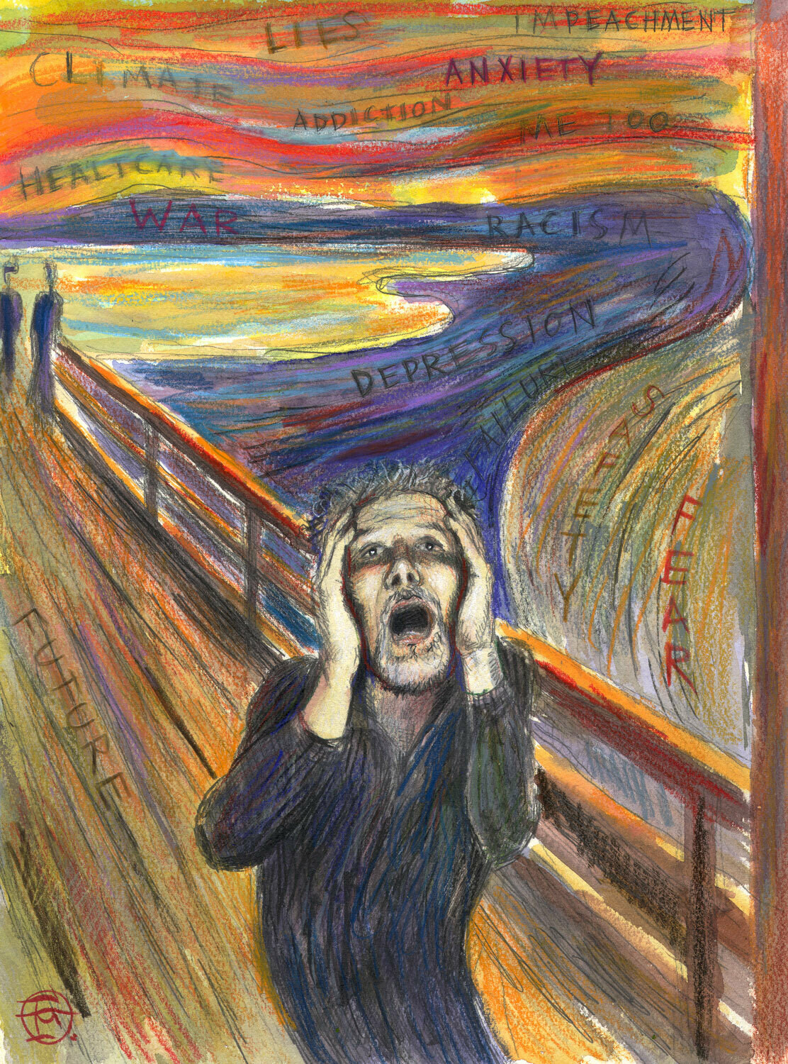 "Self-Portrait à la Edvard Munch: Worries of the Day" Original Mixed-Media Work