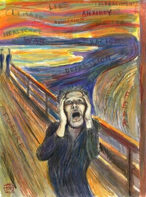 "Self-Portrait à la Edvard Munch: Worries of the Day" Original Mixed-Media Work