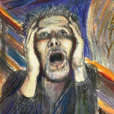 "Self-Portrait à la Edvard Munch: Worries of the Day" Original Mixed-Media Work