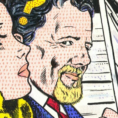 "Self-Portrait à la Lichtenstein #2: In the Car" Original Mixed-Media Work