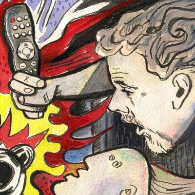 "Self-Portrait à la Picasso and Lichtenstein: Cable News" Original Mixed-Media Work