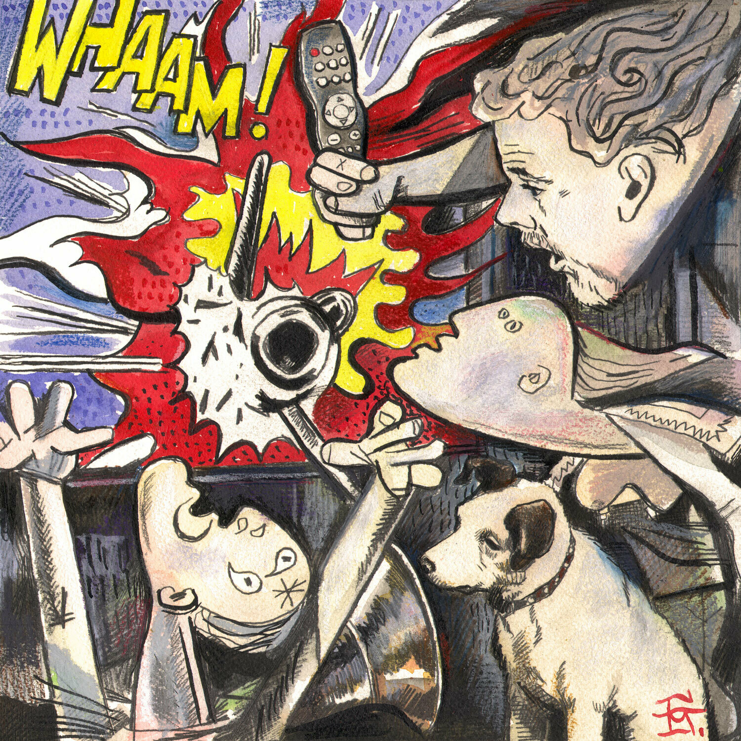 "Self-Portrait à la Picasso and Lichtenstein: Cable News" Original Mixed-Media Work