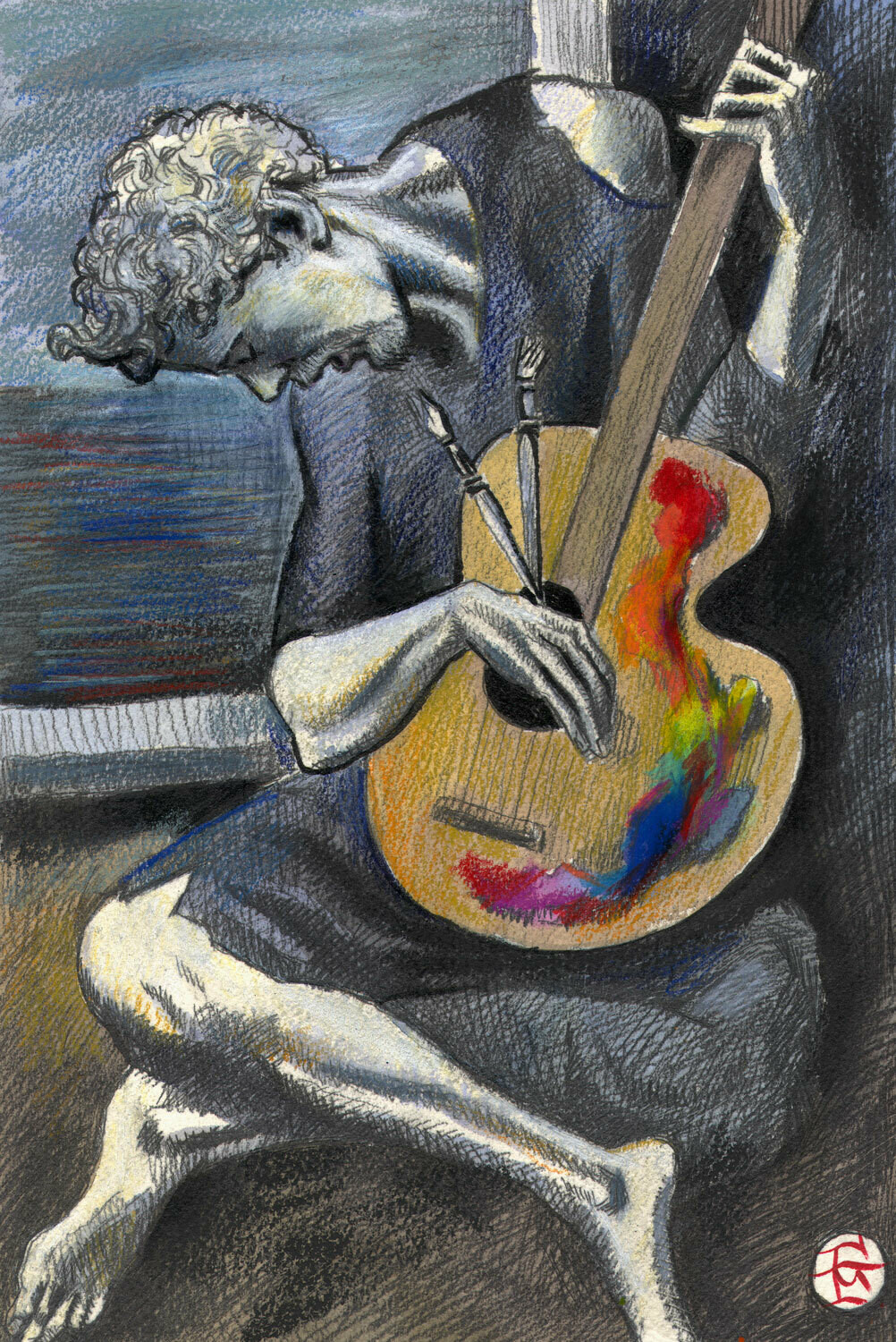 "Self-Portrait à la Picasso #9: The Blue Period" Original Mixed-Media Work