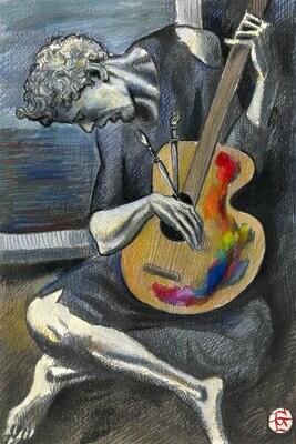 "Self-Portrait à la Picasso #9: The Blue Period" Original Mixed-Media Work