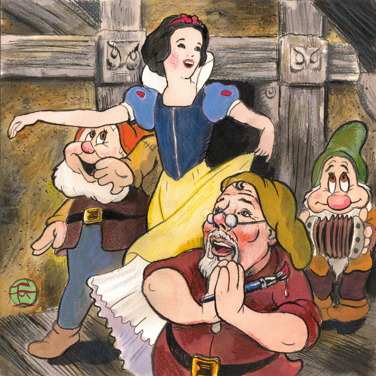 "Self-Portrait after a Late Night at Snow White's: The Artist Lets Loose" Original Mixed-Media Work