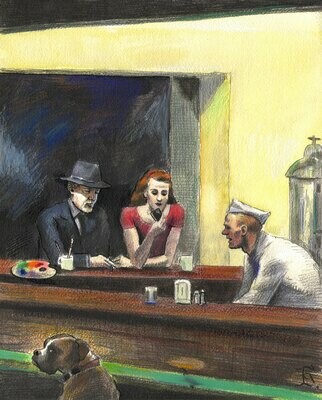 "Self-Portrait à la Edward Hopper: The Night Painter" Original Mixed-Media Work