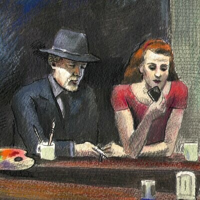 "Self-Portrait à la Edward Hopper: The Night Painter" Original Mixed-Media Work