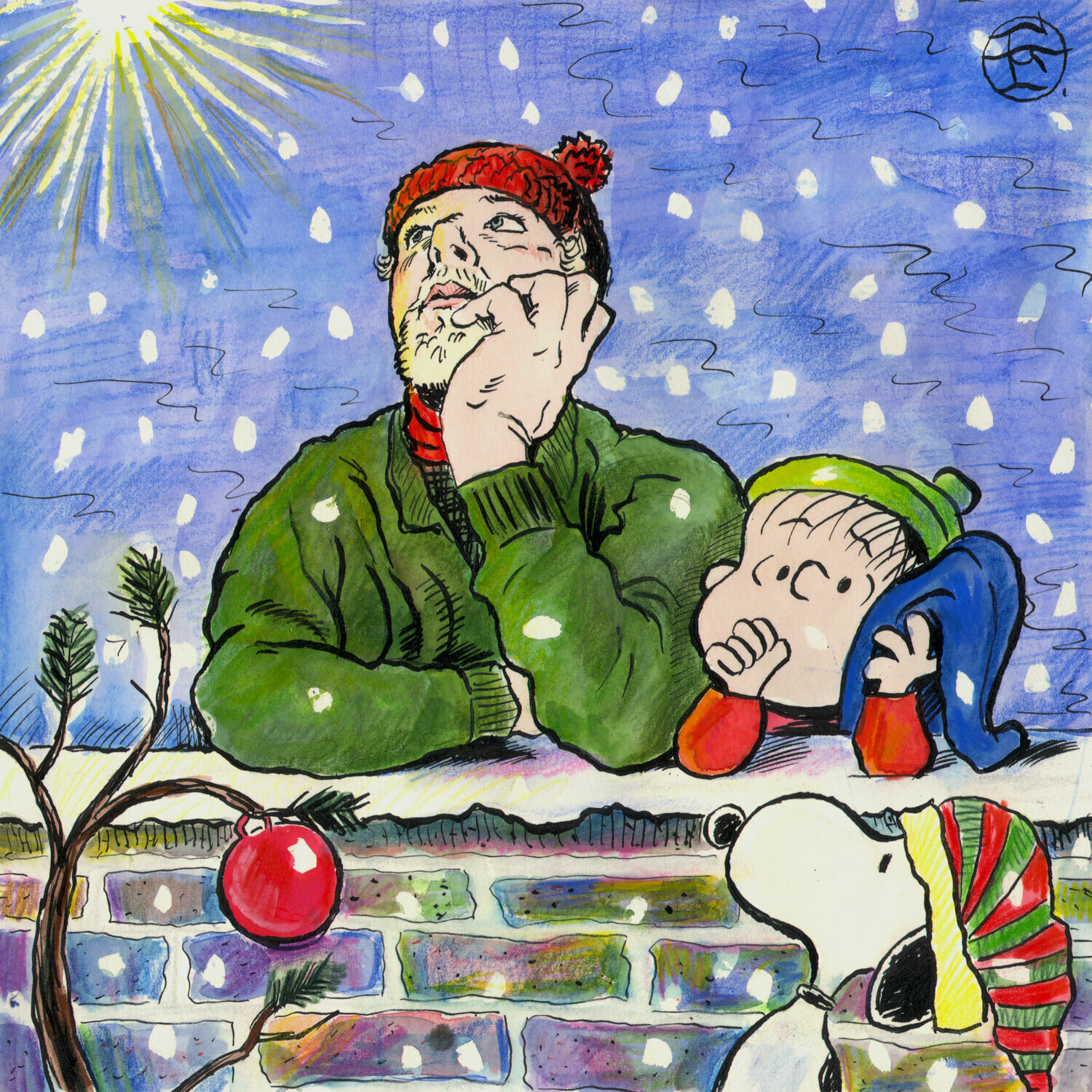 "Self-Portrait à la Charles M. Schulz: Christmas Time is Here" Original Mixed-Media Work