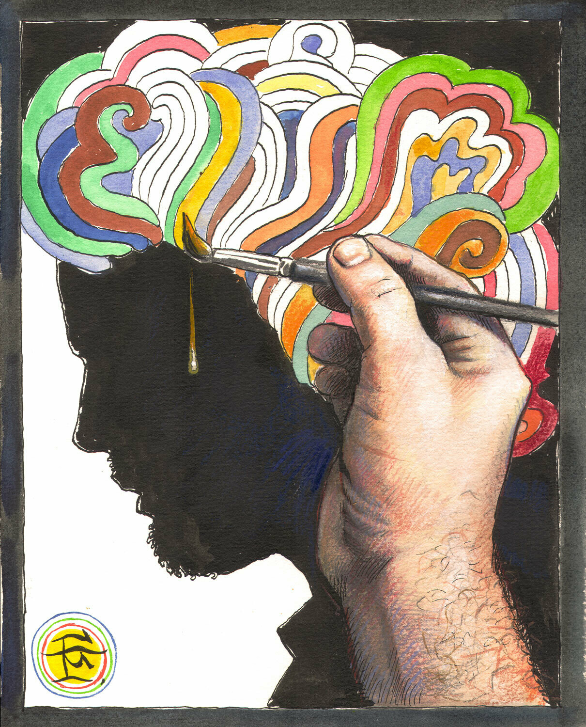 "The Artist's Hand with a Brush, Painting a Self-Portrait while Listening to Bob Dylan" Original Mixed-Media Work