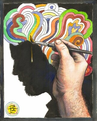 "The Artist's Hand with a Brush, Painting a Self-Portrait while Listening to Bob Dylan" Original Mixed-Media Work
