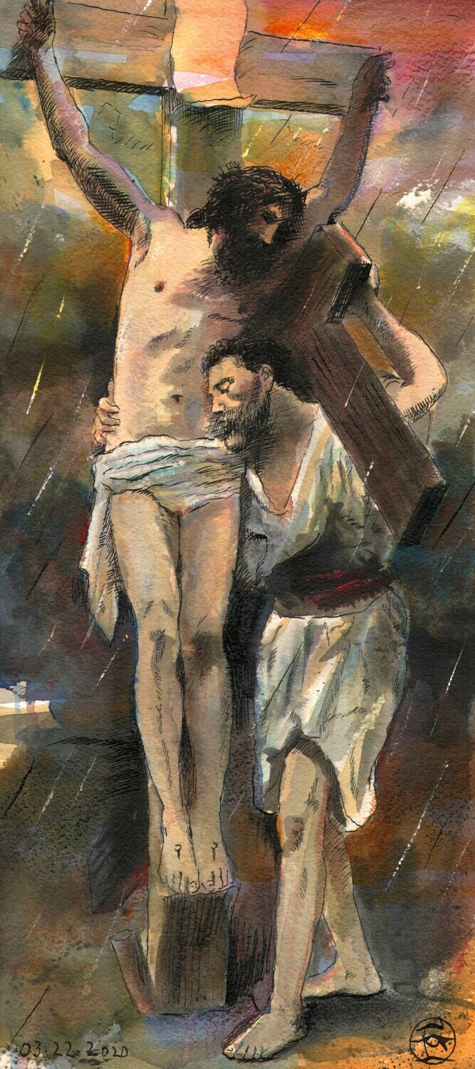 "March 22, 2020: Comfort in the Storm (after Bouguereau)" Original Work on Paper