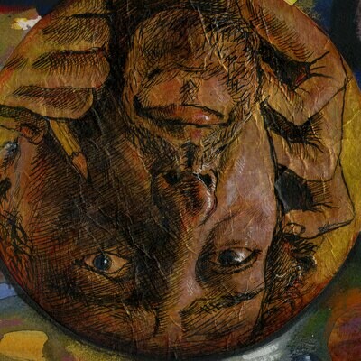 "March 23, 2020: Crumpled Self-Portrait in an Upside-Down World (I Just Want to Draw)" Original Work on Paper with Collage