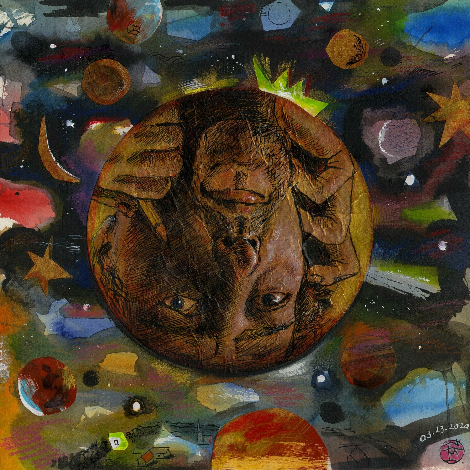 "March 23, 2020: Crumpled Self-Portrait in an Upside-Down World (I Just Want to Draw)" Original Work on Paper with Collage