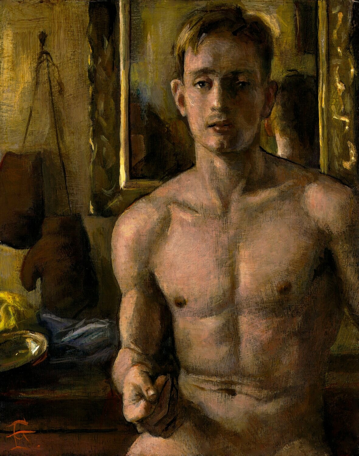 "The Boxer (Study after Konstantin Somov)" Original Painting on Panel