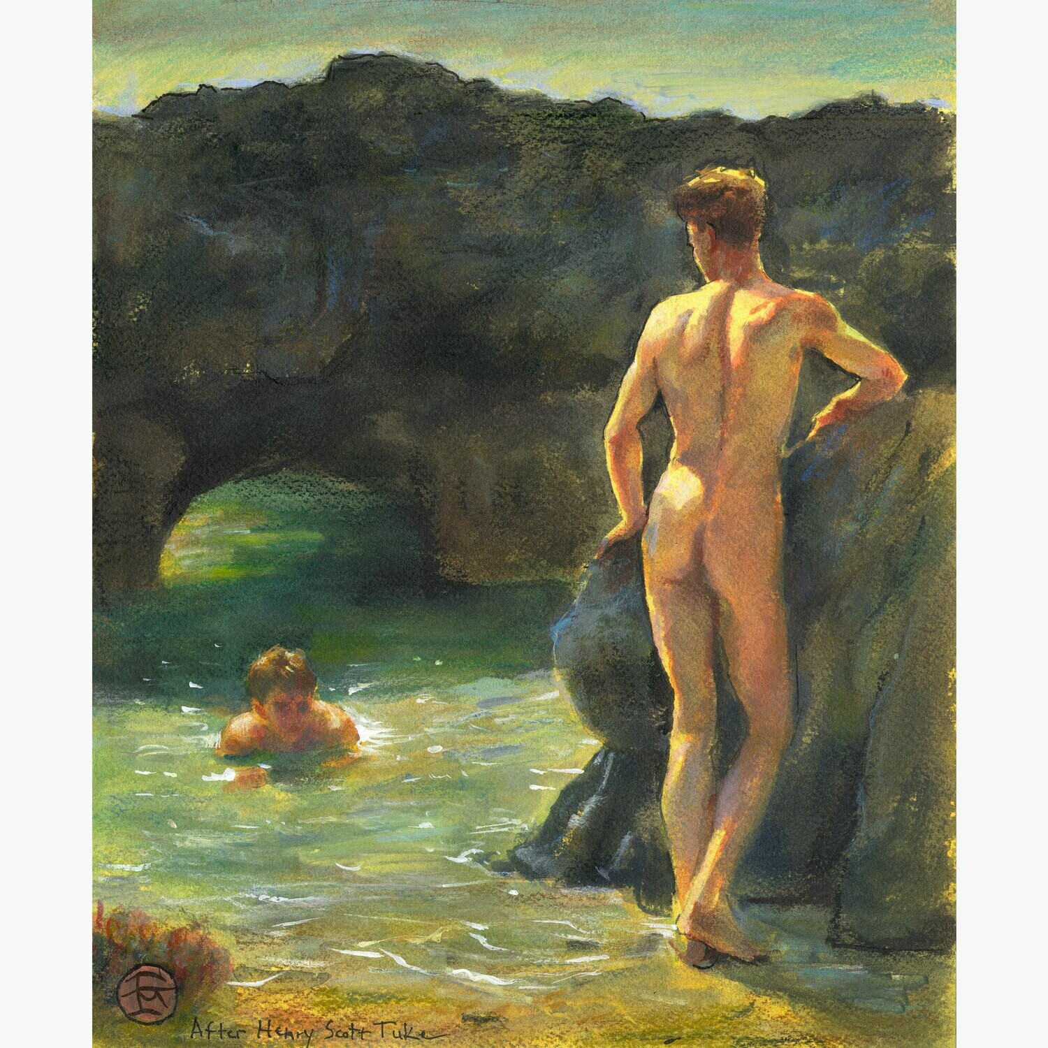 Study after Henry Scott Tuke, Original Mixed-Media Painting on Paper