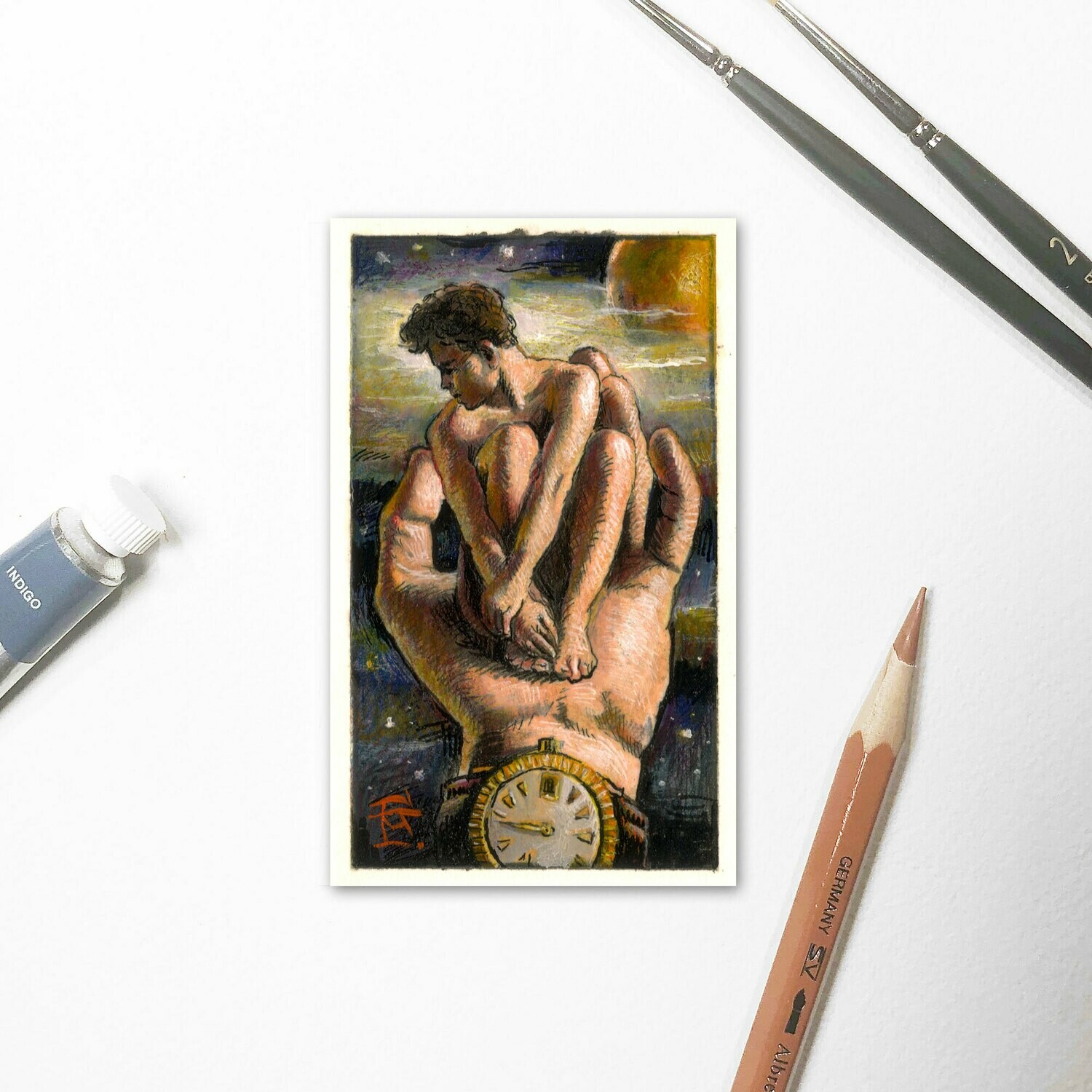 Miniature Painting &quot;The Protector&quot; 3.5&quot; X 2&quot;