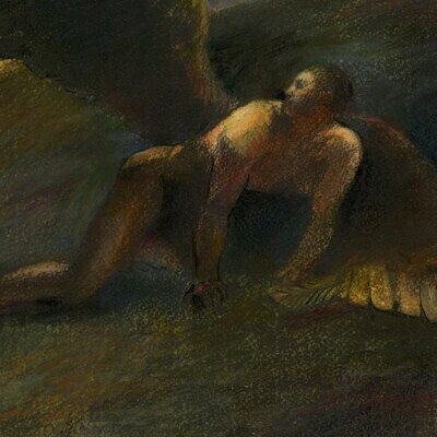 "Fallen Angel (after Redon)" Original Mixed-Media Painting on Paper