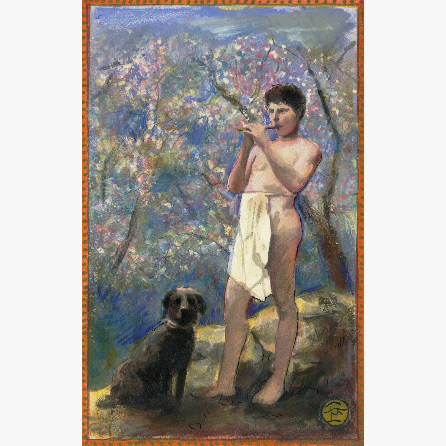 Untitled (Boy with Flute), Original Mixed-Media Painting on Paper