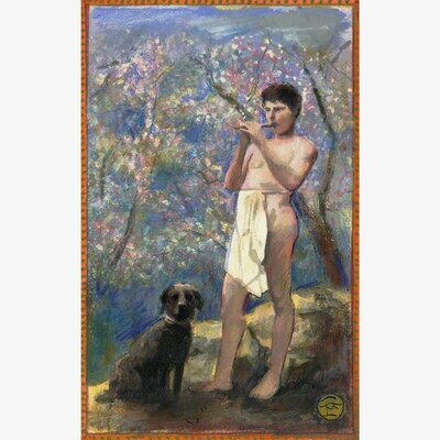 Untitled (Boy with Flute), Original Mixed-Media Painting on Paper