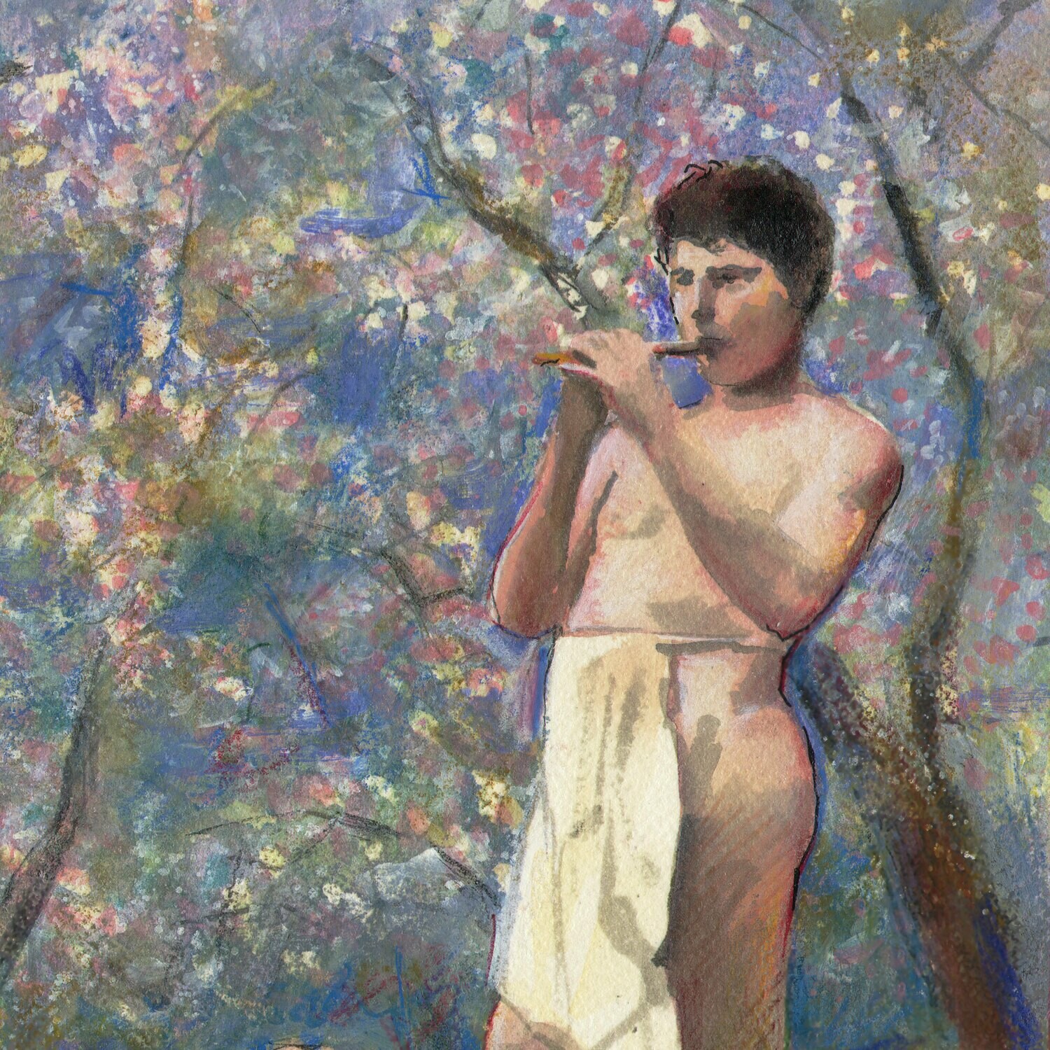 Untitled (Boy with Flute), Original Mixed-Media Painting on Paper