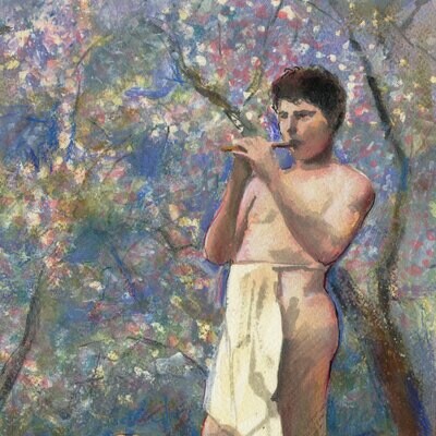 Untitled (Boy with Flute), Original Mixed-Media Painting on Paper