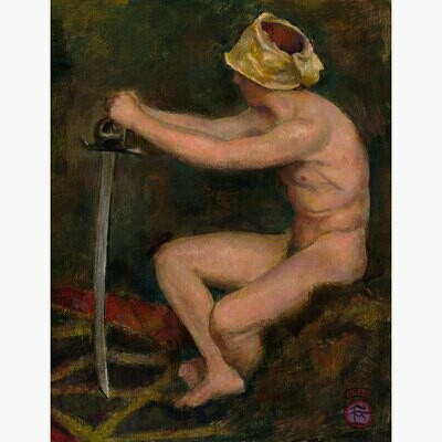 &quot;Young Man with a Sword&quot; (After Max Švabinský) Original Painting on Panel