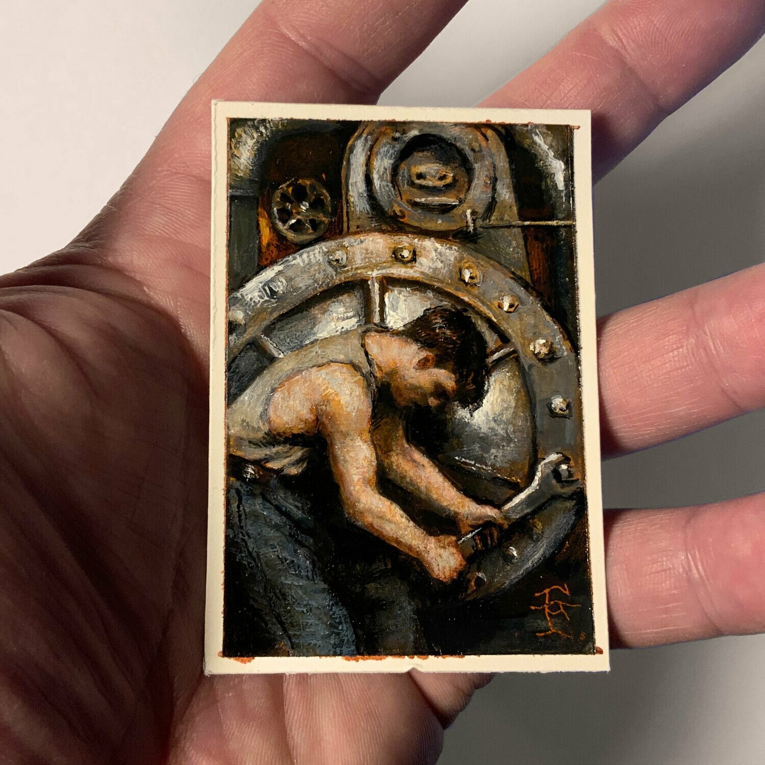 Miniature Painting &quot;The Wheel&quot; 2-15/16&quot; X 2&quot;