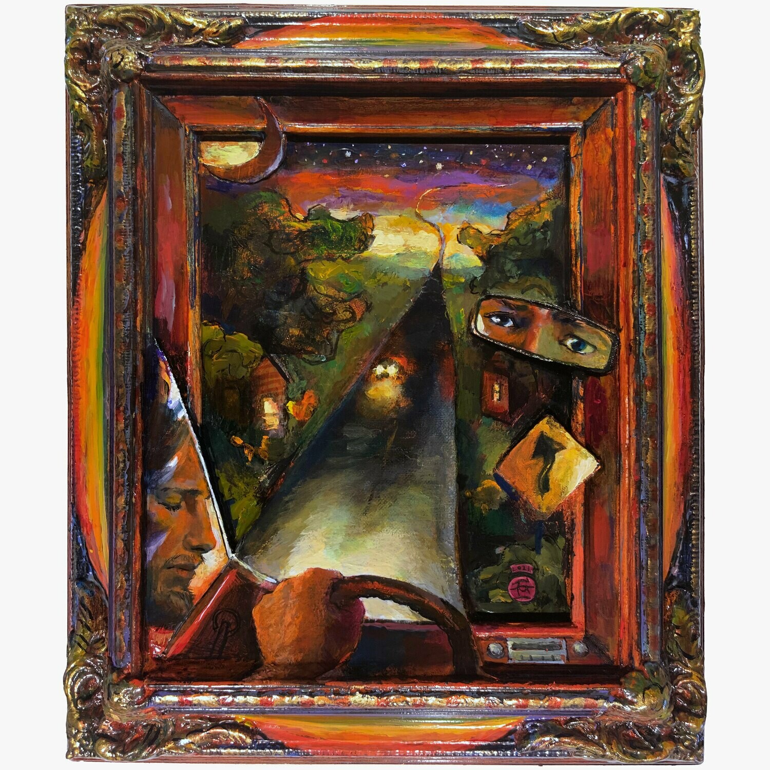 &quot;Self-Portrait on the Road to Up&quot; Original Painting on Frame with 3D Collage (*See pan video)