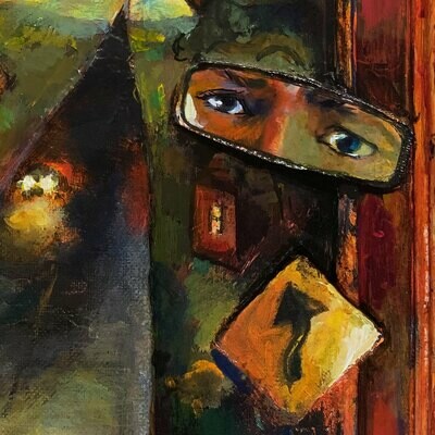 "Self-Portrait on the Road to Up" Original Painting on Frame with 3D Collage (*See pan video)