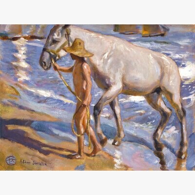 &quot;Horse&#39;s Bath&quot; (Study after Joaquín Sorolla) Original Painting on Panel, Available Framed or Unframed
