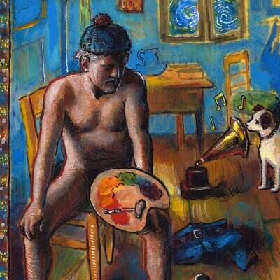 "Self-Portrait in Vincent van Gogh's Bedroom, One Starry Night" Original Mixed-Media Painting on Paper
