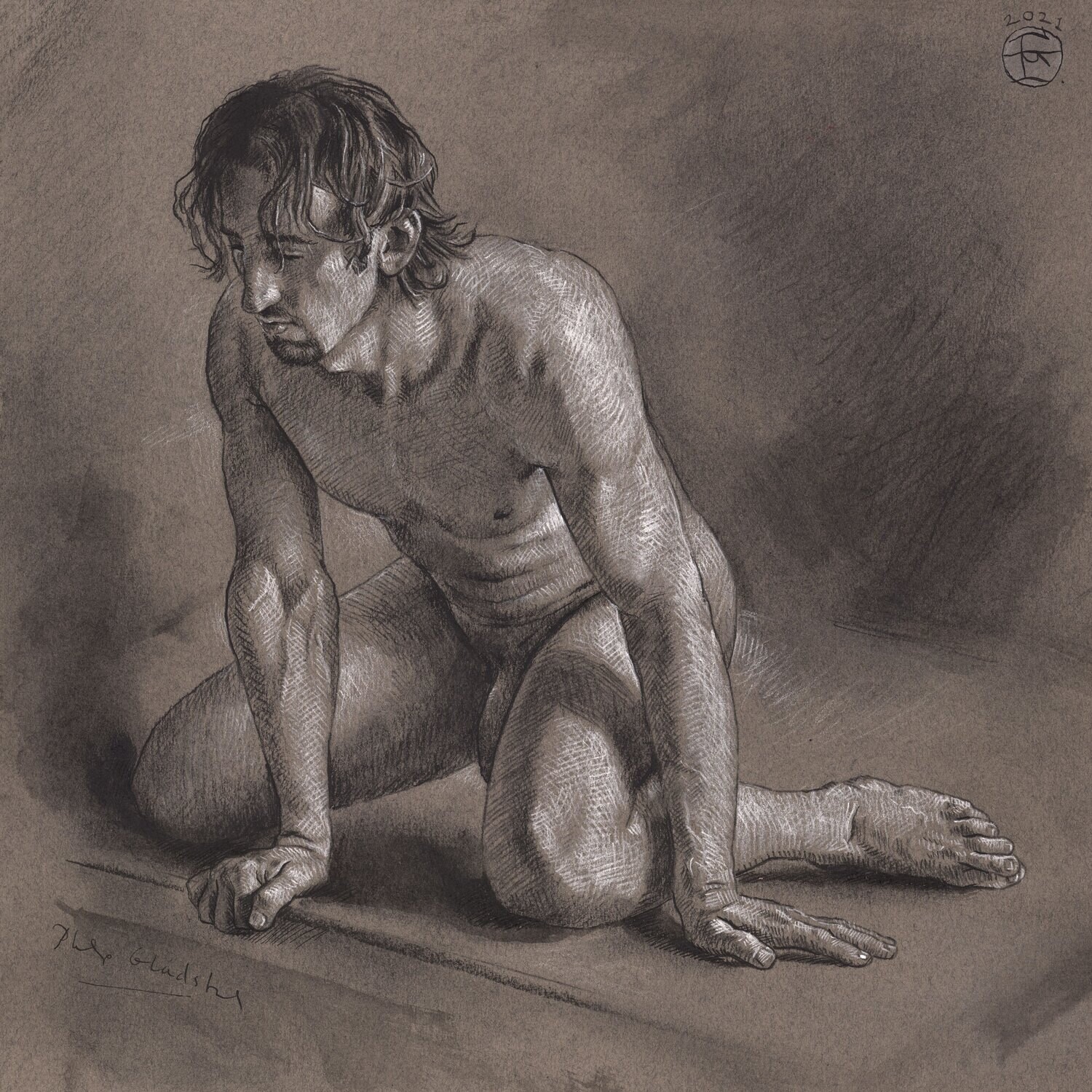 Kneeling Male Nude Original Drawing