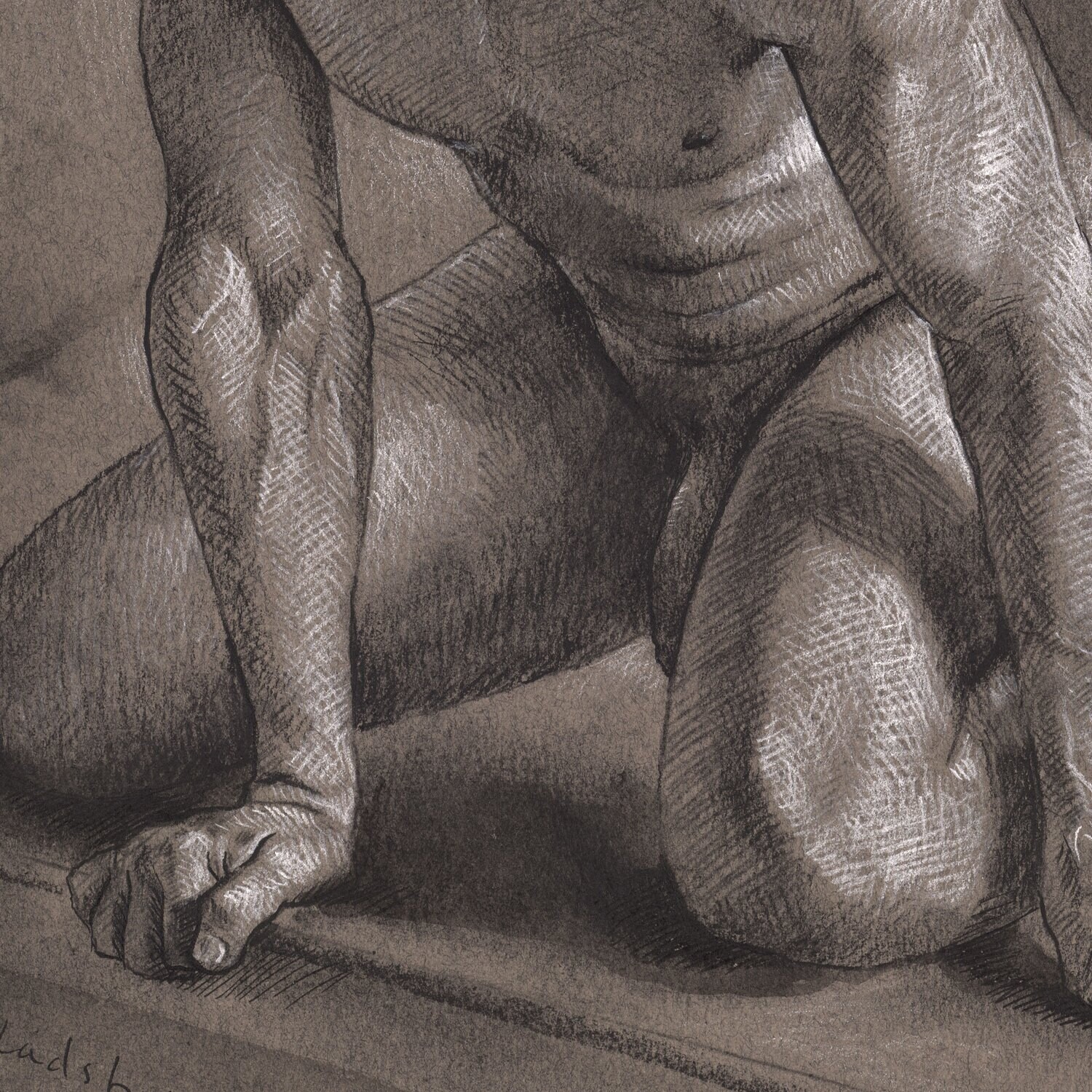 Kneeling Male Nude Original Drawing