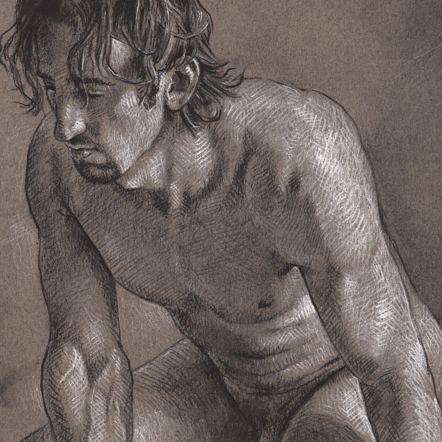 Kneeling Male Nude Original Drawing