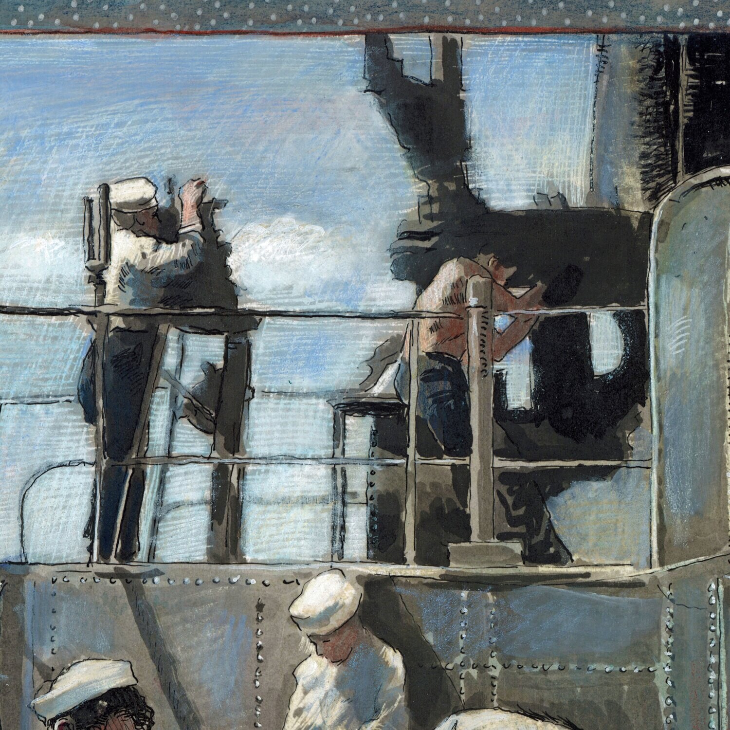 Sailors Work on a Submarine, after a 1945 Photo | Original Work on Paper