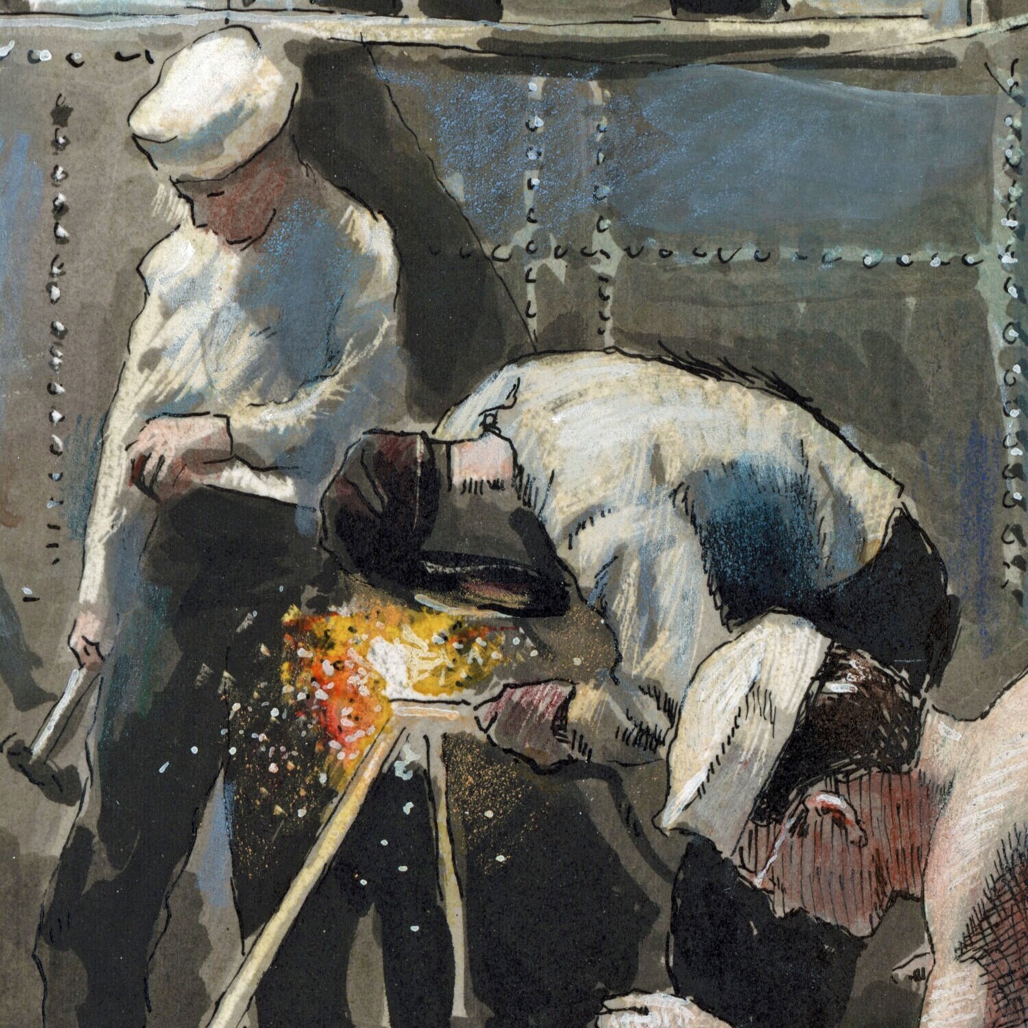 Sailors Work on a Submarine, after a 1945 Photo | Original Work on Paper