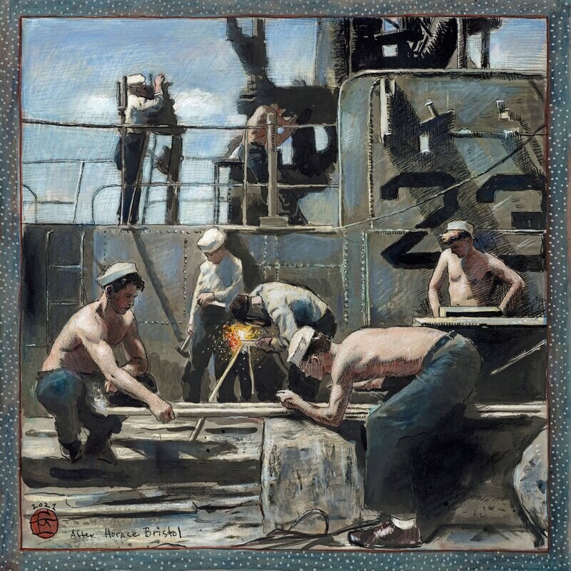 Sailors Work on a Submarine, after a 1945 Photo | Original Work on Paper